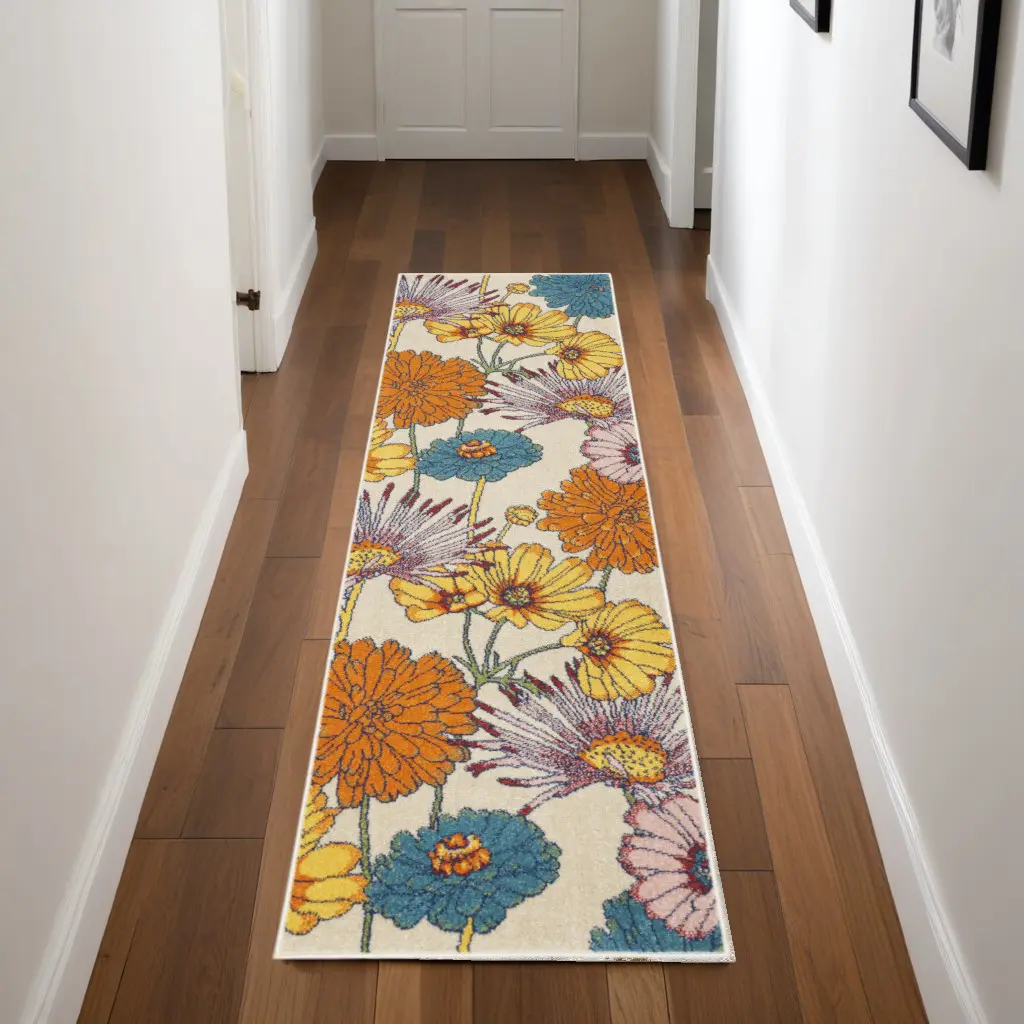 212 MAIN 8 ft. Floral Power Loom Hallway Runner Rug, Cream, Contemporary Decorative Area Rug, Flower Pattern, Low Pile, Neutral Tones, for Living Rooms, Hallway Rug, Low Pile Rugs