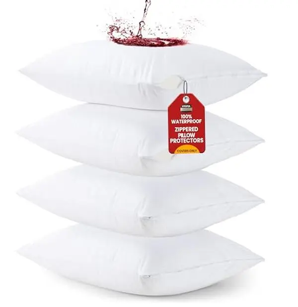 Utopia Bedding Waterproof Queen Size Pillow Protectors Zippered (4 Pack, White), Dust Mite and Bed Bug Proof Pillow case Protectors, Moisture Wicking Pillow Encasement Covers 20 x 28 Inches