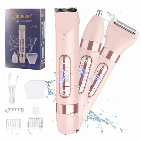 HATTEKER Electric 4-in-1 Bikini Trimmer – Waterproof IPX7, LED Display, Wet/Dry Ladies Body & Face Trimmer with Replaceable Heads for Bikini Line, Legs, Arms, Nose; Smooth, Portable Rechargeable
