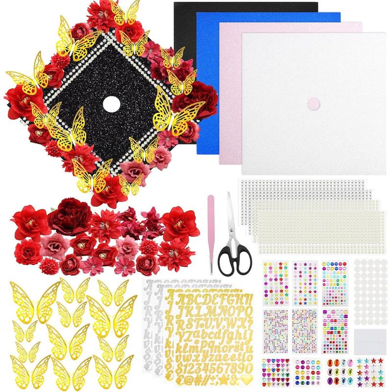 Graduation Cap Decorations Kit Grad Cap Topper Decor Includes Glitter Paper 3D Butterfly Faux Flower Letters Stickers, Cap Decorations for DIY Graduation Cap Topper (Pink)