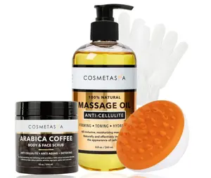 Anti-Cellulite Massage Oil, Coffee Scrub, Massager & Glove