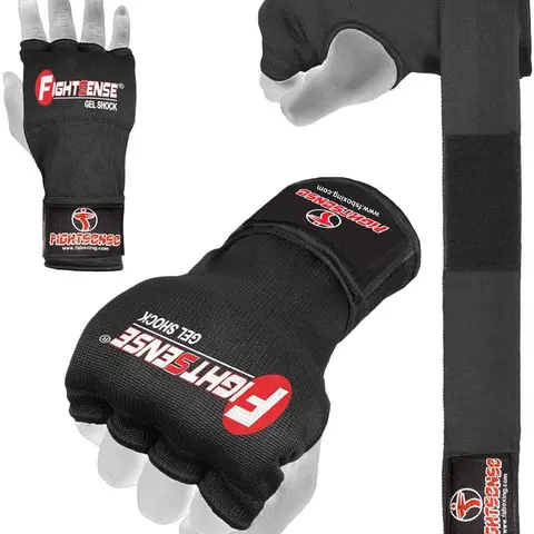 FIGHTSENSE Padded Gel Inner Boxing Gloves for Men and Women with Long Elasticated Hand Wraps for Punching, Boxing, MMA, Muay Thai, Kickboxing and Martial Arts Training (Pair)