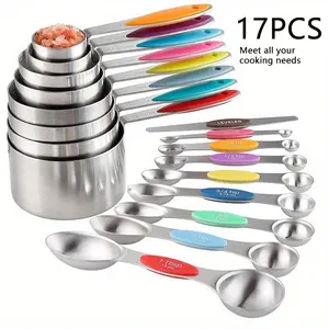 9/17-Piece Stainless Steel Measuring Cups & Spoons Set Accurate Dry Liquid Measurement  measuring set  Non-Slip Silicone Handles Essential Baking Tools for Kitchen Cooking Needs