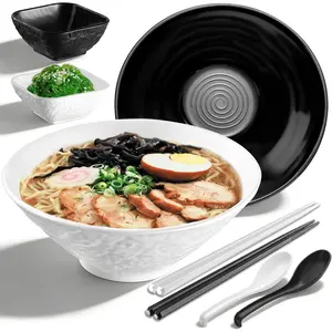 Ramen Bowl Set 40oz with Chopsticks Dipping Bowls and Spoons: 2 large Unbreakable  Style Plastic Noodle Soup Bowls for  Pho Soup Thai Miso Udon Wonton (Black, White)