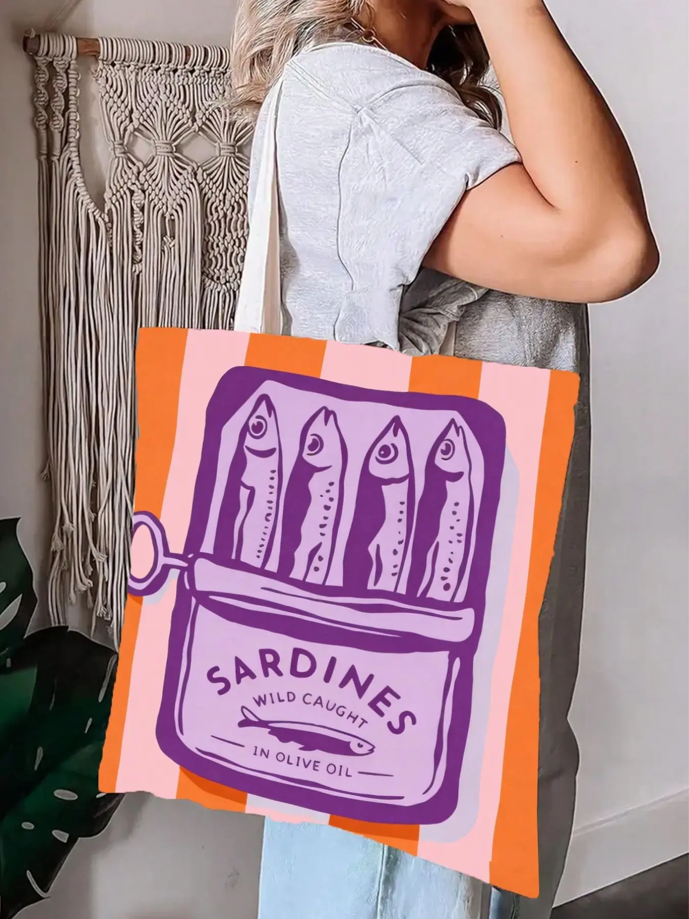 Women's Handbag, and Striped Sardine Can Print, Polyester Shopping Bag, Foldable, Large Capacity, Lightweight, Multifunctional