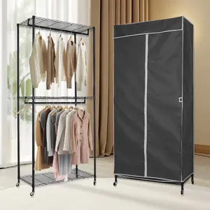 Rolling Clothes Organizer with Wheels Multifunctional Hanging Rod Clothes Rack with Cover for Coats Shirts Dress