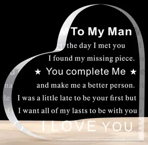 To My Man gift for Boyfriend Theme Acrylic Ornaments plaque, Heart shaped Letter design decorative craft, Romantic gift wedding anniversary Birthday couple gift for Men Boyfriend Husband Engagement Male Home decor Plaques and signs