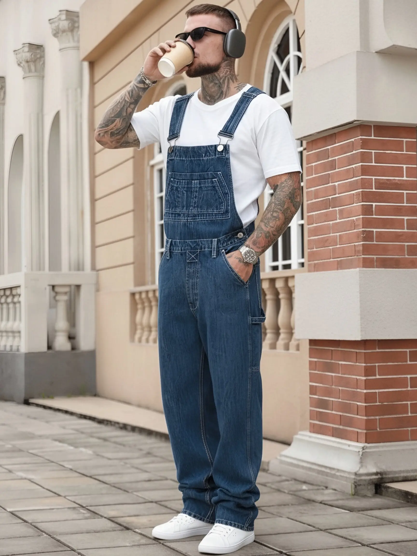 SL290 Men Streetwear Loose Straight Denim Bib Overalls