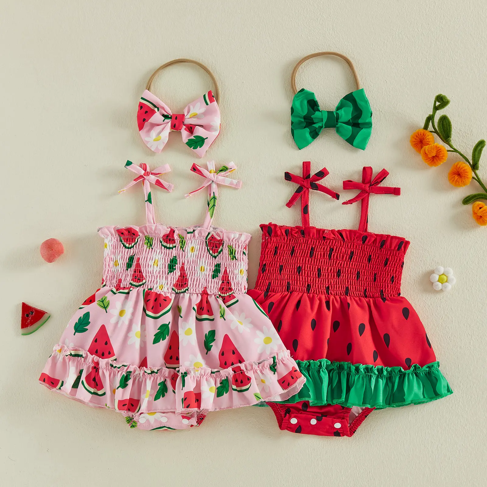 Babamoon Toddler Infant Baby Girl Watermelon Outfits Tie Shoulder Smocked Romper Dress and Bow Headband 2pcs Summer Clothes Set 0-18 Months