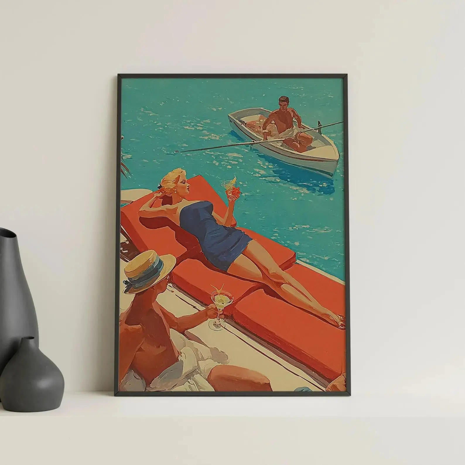 Vintage Woman Sunbathing Poster, Retro Beach Fashion Wall Art, Summer Aesthetic Printable Art, Digital Download Poster, Retro Vacation Wall Decor Gift