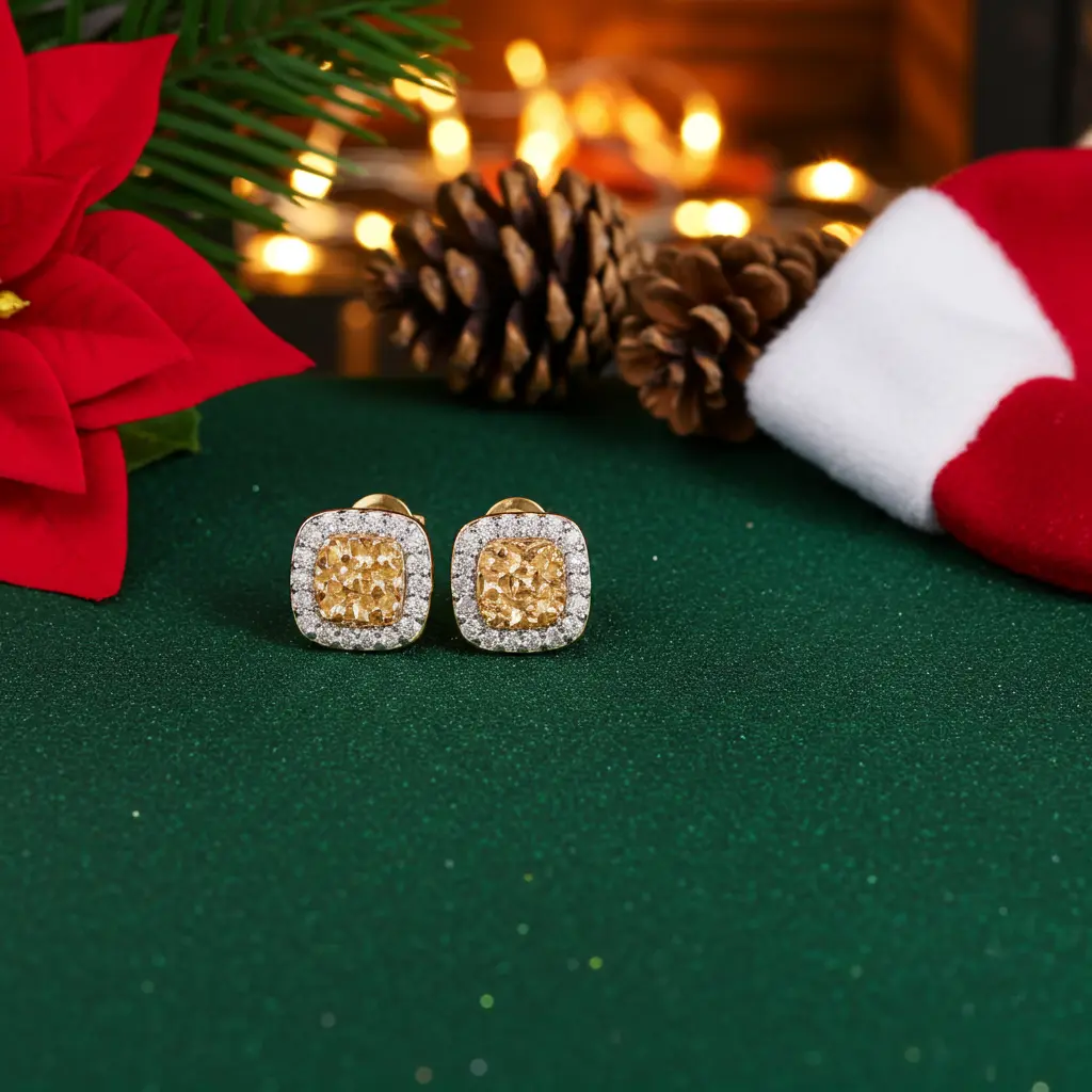 King of Bling's 1.00ct Moissanite Yellow 925 Silver Women Round Edge Square Shape Nugget Earring