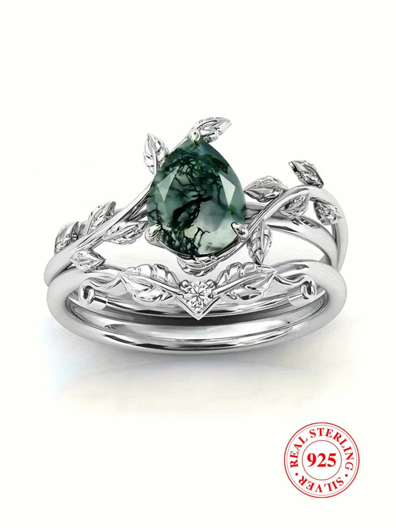 S925 Sterling Silver Natural Grass Agate Ring Set, with Box, Fashion Accessories for Women & Men, Statement Ring, Trendy All-match & Exquisite Jewelry