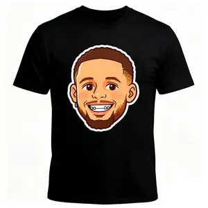 Men's Short Sleeve Graphic T-Shirt, Stephen Curry Cartoon Avatar Print Tee, Funny Basketball Star Portrait Design, Black/White Casual Streetwear Top, Lightweight Summer Shirt, Ideal Gift for Diehard NBA Fans