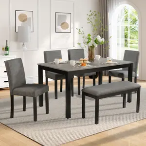 6-Piece Dining Table Set with Bench and Chairs, Dining Table Set for 6, Wooden Dining Table Set for Kitchen, Dining Room, Light Grey & Black Two Tone