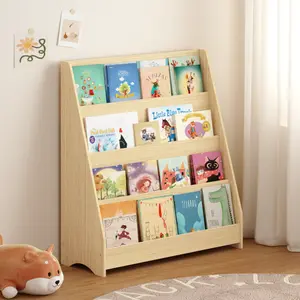 Natural 4-Tier Kids Bookshelf with Open Design, Toddler Book Display Shelves for Bedrooms Playrooms and Classrooms, Sturdy Triangular Support Structure for Easy Book Access, Durable Wood Construction with Rounded Safety Edges
