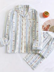 Women's country flower double-layer gauze long-sleeved pajama set for spring and autumn home wear Homewear