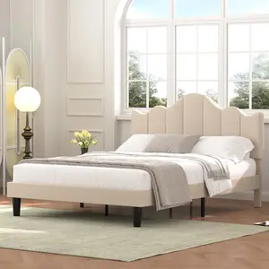 VECELO Upholstered Platform Bed Frame, Queen Full Bed Frame with Adjustable Headboard, Wooden Slats Support, No Noise, No Box Spring Required, Easy to Assemble