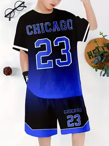 Boys' Chicago 23 Gradient Two-Piece Sports Set, Blue T-Shirt + Shorts, Casual Loose-Fit Cartoon Pattern, All Seasons, Kids Clothing