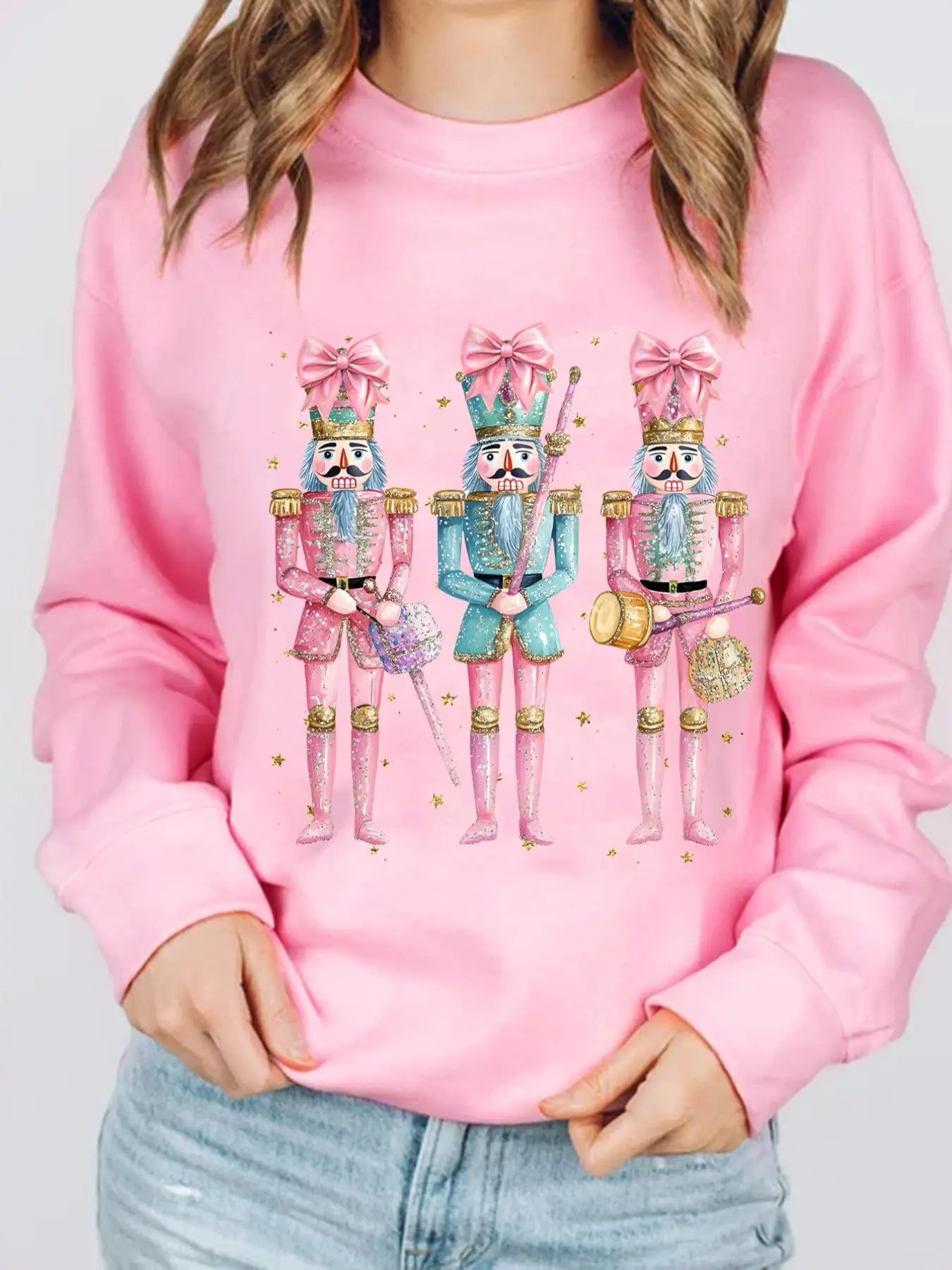Women's Christmas Nutcracker Print Crew Neck Sweatshirt, Casual Retro Long Sleeve Pullover for Daily Wear, Ladies Clothes for Fall & Winter