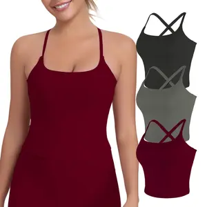 2026 New Adjustable Straps Built-in Bra Tank Top - Criss Cross VS Spaghetti Thin Straps & Scoop Neck, Slim Cute Buttery Soft Thicker Fabric Longline Sports Bra with Built-in One-Piece Bra Pads Yoga Wear Fitness Yoga Gym Activewear