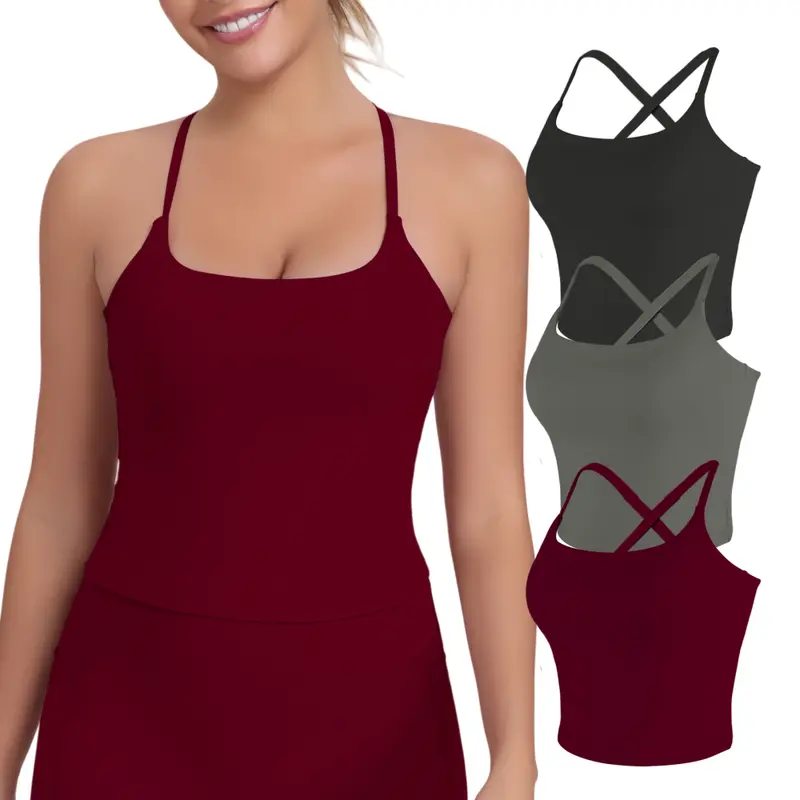 【LOCAL SHIPPING】Women's Activewear Sports Bra Tank Top - Gym Workout Apparel, Biking, Adjustable Length, Criss Cross Back, Scoop Neck, Built-in Bra Pads, 4-Way Stretch Fabric, Longline Straps
