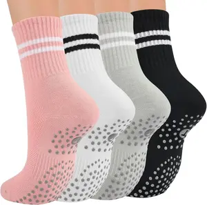 Women's Non Slip Pilates Socks - 4 Pairs of Athletic Yoga Crew Socks with Grippers for Barre, Hospital, and Home Use - Soft Cotton-Polyester Blend with Mesh Ventilation for Comfort and Stability - Cute