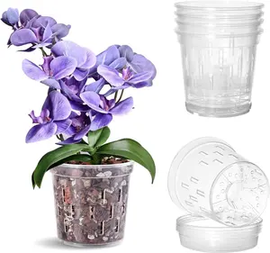 Orchid Pot with Saucers – 4 Pack 5 Inch Clear Orchid Pots with Drainage Holes for Repotting – Ideal for Healthy Root Growth – Sturdy Plastic