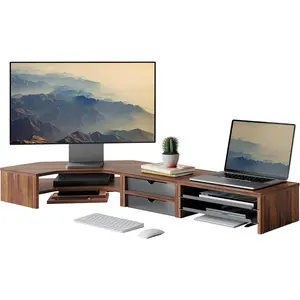 Dual  Stand, Corner  shelf with Drawer and Slide-Out Tray, 2 Tier Triangle  Riser with Storage, Desk Shelf Organizer for Desk,  Office, , Laptop, Printer