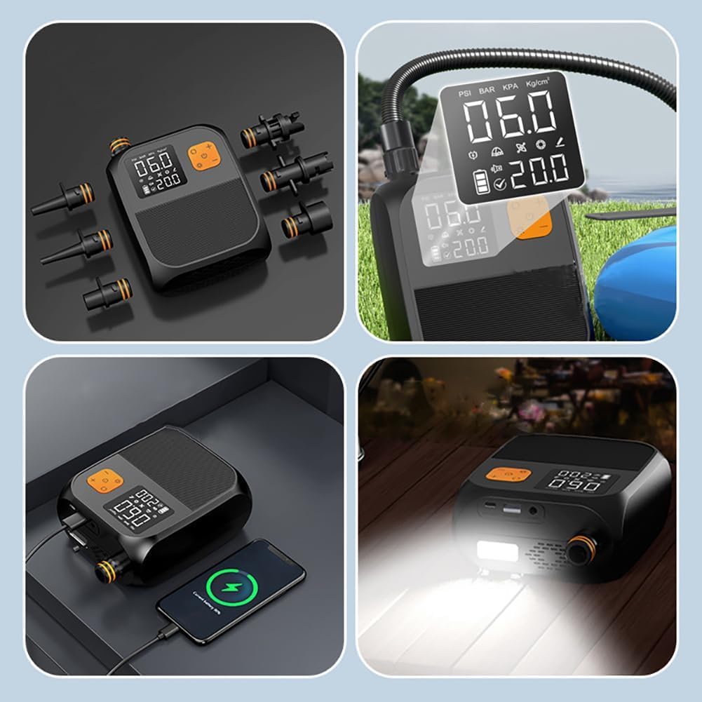 Wireless Rechargeable SUP Pump, 80W Portable Air Pump with 8000mAh Power Bank and Car Adapter, Fast Inflation for Paddle Boards, Kayaks, Boats, Pools, Tents and Outdoor Inflatables