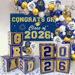 Graduation Decorations Class of 2026 Navy Blue and Gold |   2026 GRAD Balloon Boxes with Letters, Balloon Garland Kit, Congrats Grad Backdrop, Graduation Banner, High School & College Party Supplies