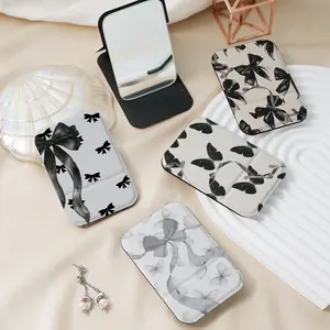 Gothic style bow gray butterfly pattern portable convenient folding portable small mirror mini handheld makeup mirror suitable for daily holidays, birthdays, valentine, Mother's Day, New Year's gifts, for couples, sisters, friends, relatives