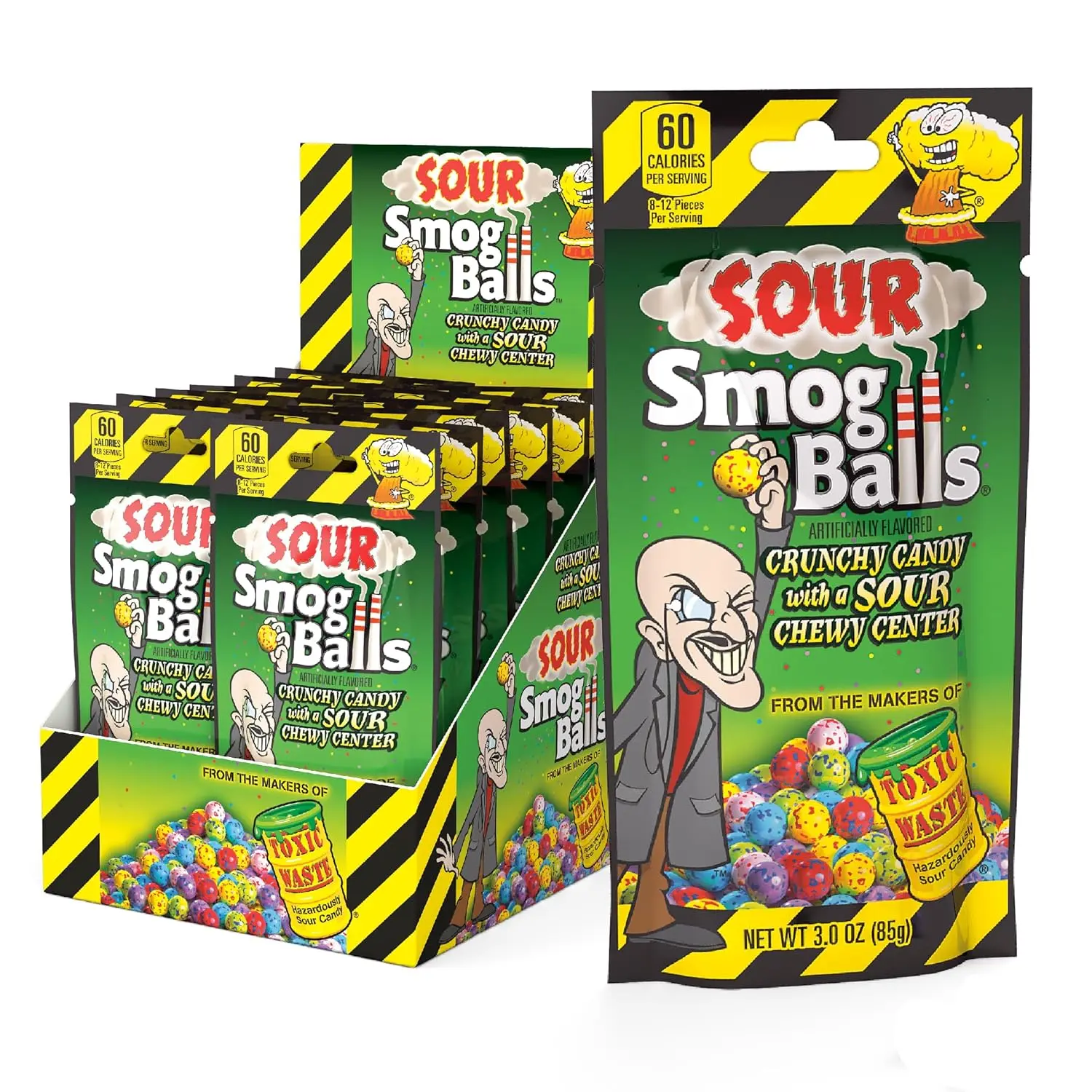 TOXIC WASTE - Sour Smog Balls - Crunchy & Chewy Sour Balls - Lime, Cherry, Strawberry, Lemon, Blue Raspberry, & Grape Flavors - 3 oz. Bags - 12-Pack