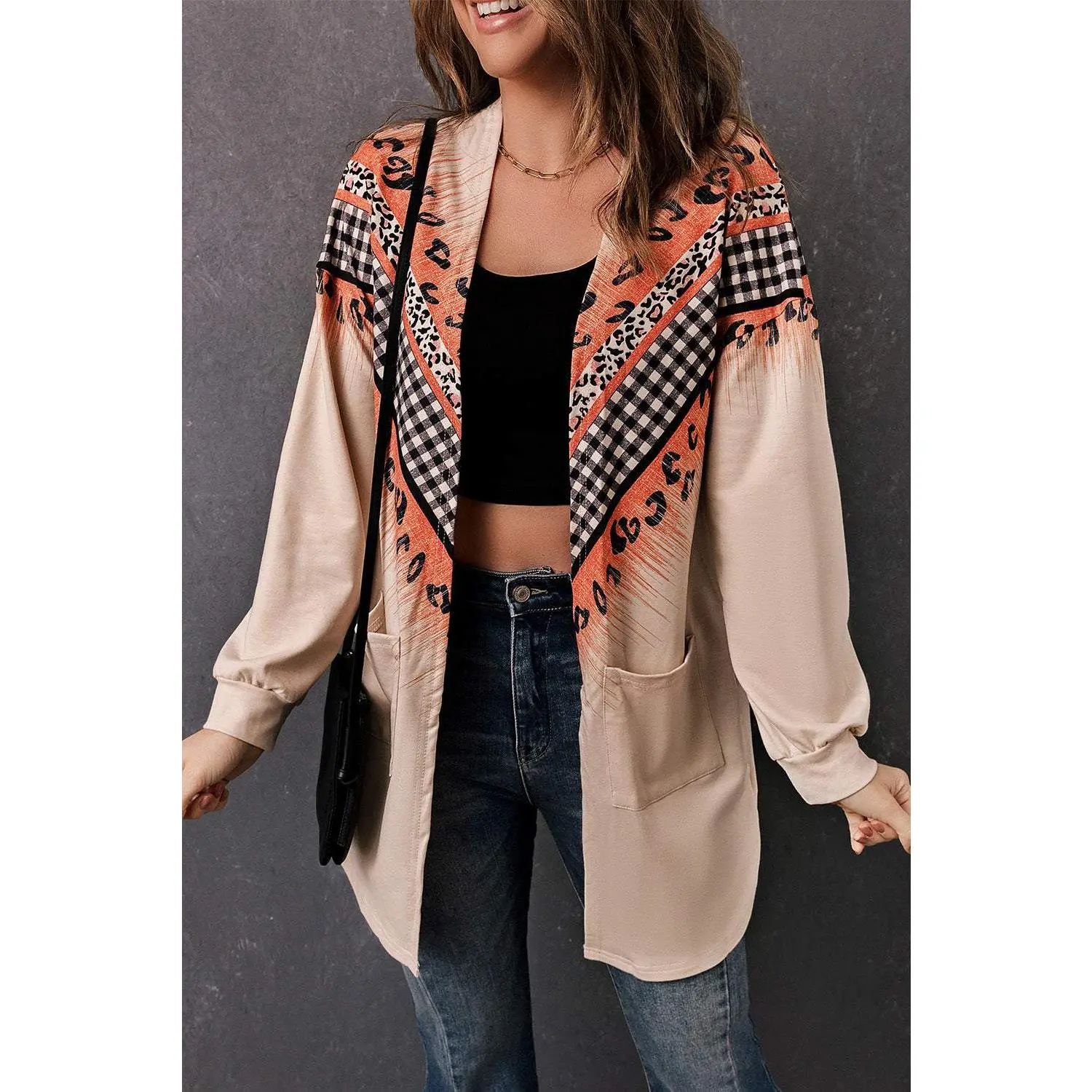 Leopard Plaid Open Front Longline Cardigan with Pockets