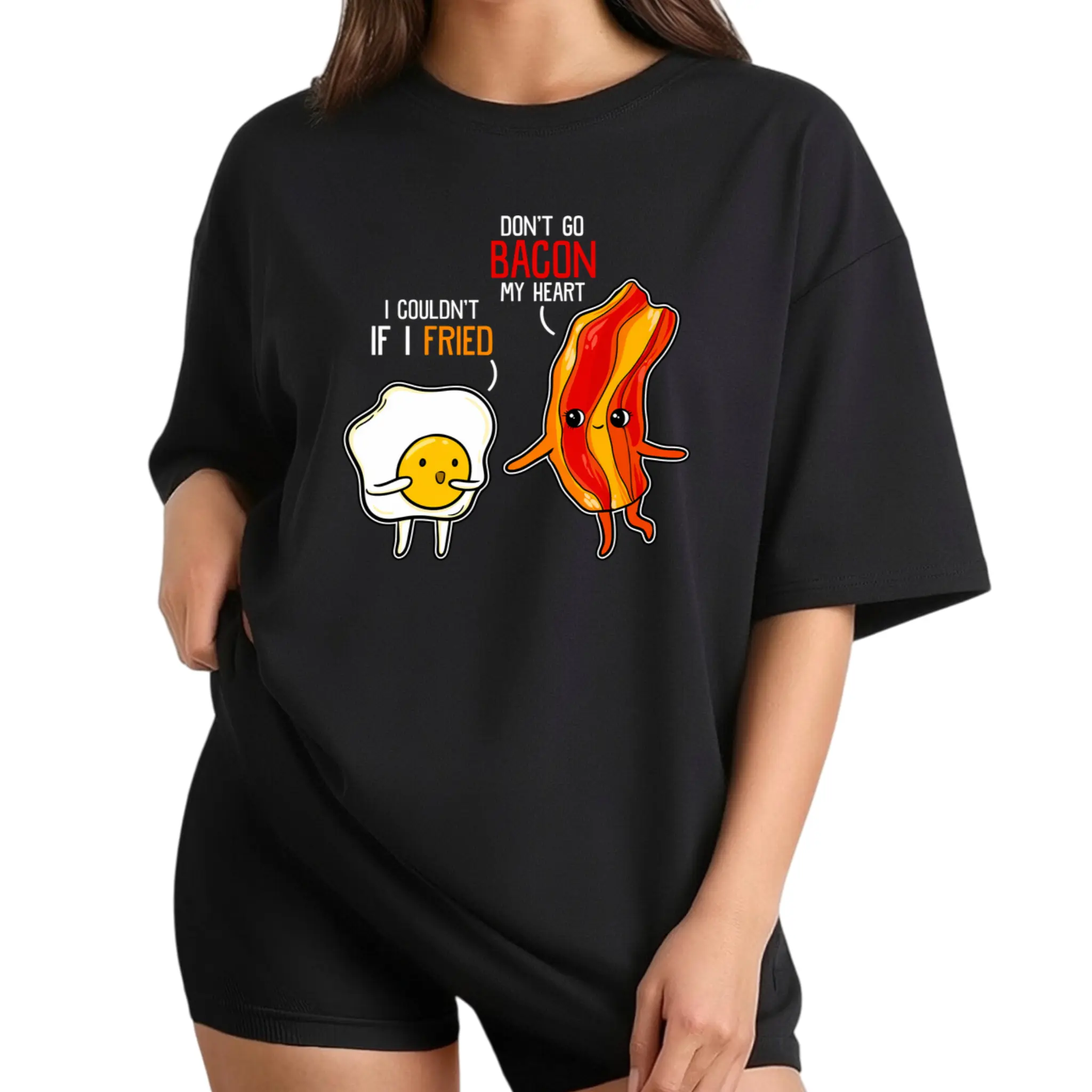 Women'S Funny Bacon & Fried Egg Graphic T-Shirt - "Don't Go Bacon My Heart" Slogan & Bacon Design - Round Neck Short Sleeve Casual Top - All-Season Comfort, Machine Washable Humorous Apparel for Women Unisex Womenswear