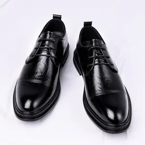 Men'S Daily Work Shoes, Classic Cap-Toe Oxfords, Lace-Up Soft Sole Walking Shoes, Comfortable Low-Top Height-Increasing Dress Shoes for Business Office and Urban Walking, All-Season Multifunctional, Solid Color, Casual and Formal Wear-Resistant