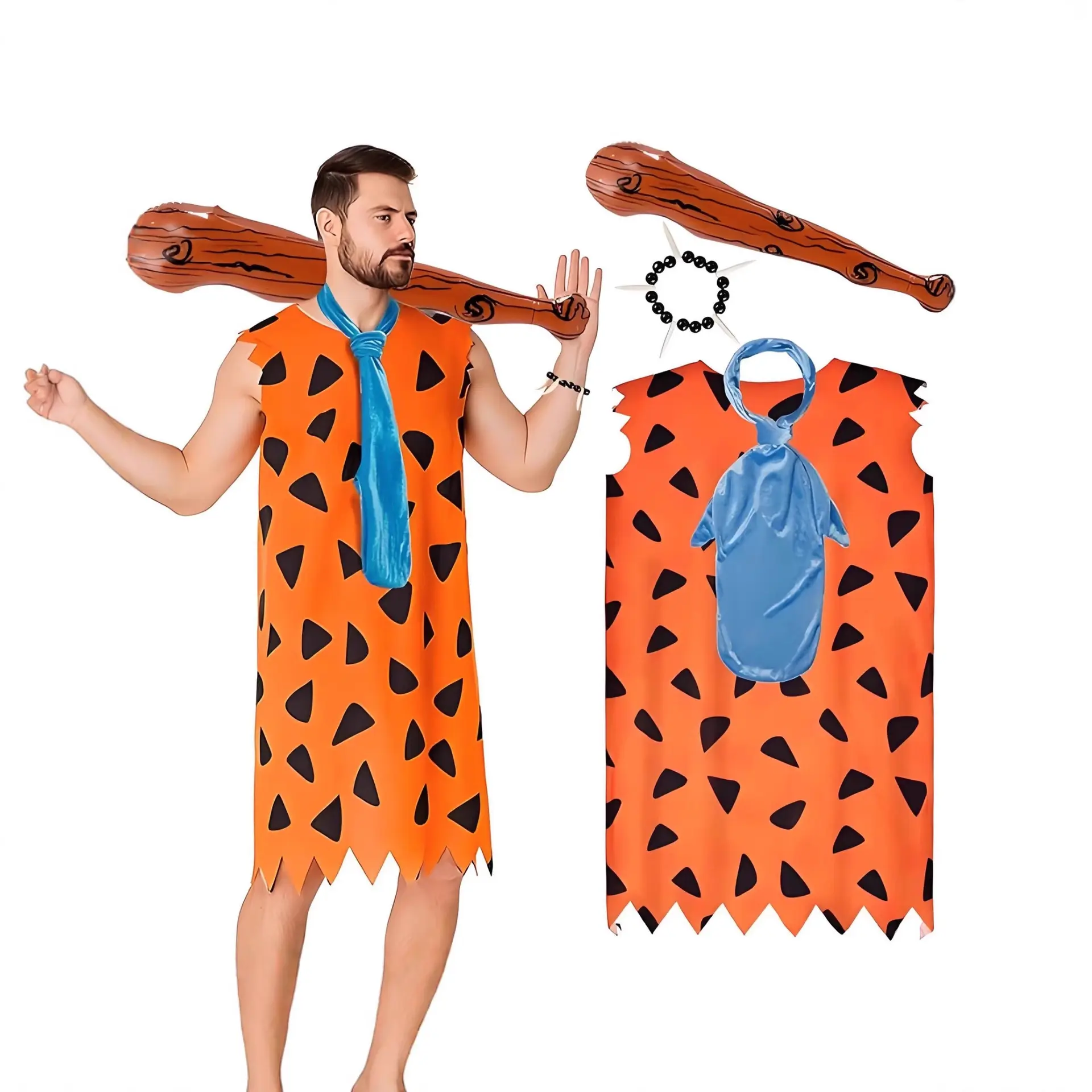 Men's Tribal Look Caveman Costume Set, Complete Faux Fur Outfit with Elastic Fit, Wig, Club Prop, and Accessories for Halloween, Clothes, Vest
