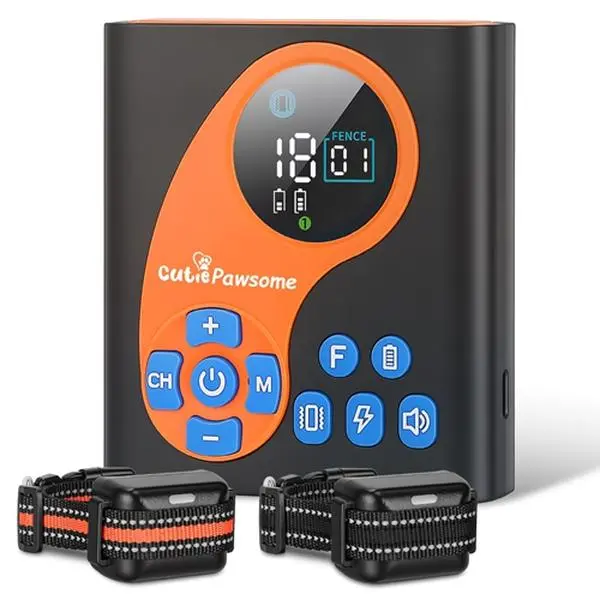 Cutie Pawsome 2-in-1 Wireless Invisible Dog Fence System - IP68 Waterproof, 722 ft Adjustable Range, LCD Rechargeable, Automatic Anti-Barking Training Collar with Beep/Vibration/Static Shock, Rechargeable Batteries, for Outside, Farms, Warehouses, Boundar