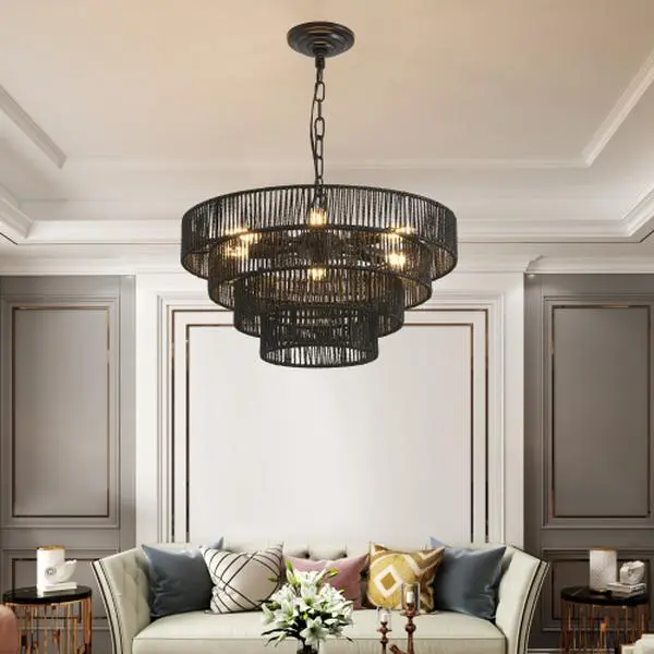 20" Rustic 4-Tier Black Hemp Rope Pendant Light Chandelier with 6 E12 sockets, handmade tiered boho ceiling light fixture for dining room, kitchen, or foyer (bulb not included)