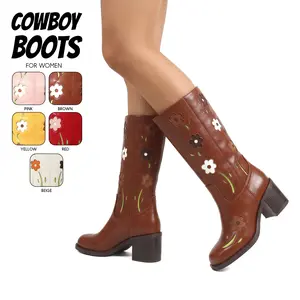 Womens Cowboy Boots Floral Embroidered Mid Calf Boot Round Toe Chunky Block Heel Comfy Pull On Event Boho Festivals Disco Casual Party Country Wedding Patchwork Western Retro Classic Cowgirl Yellow Boots Classic Cowgirl Boots