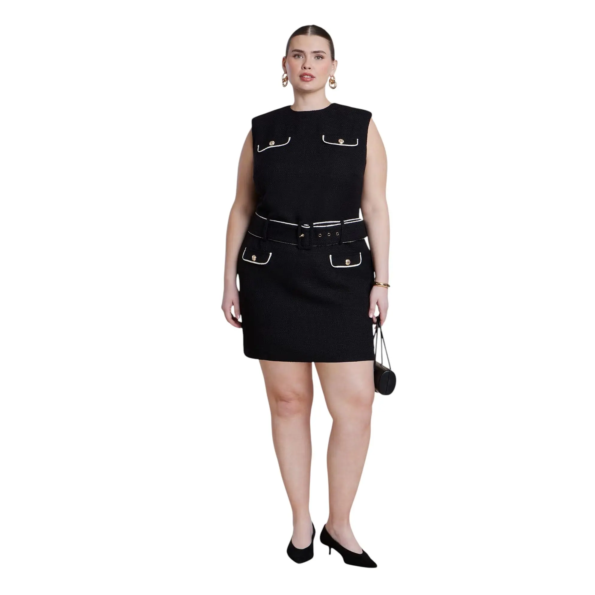 ELOQUII Women's Plus Size Belted Tweed Mini Dress