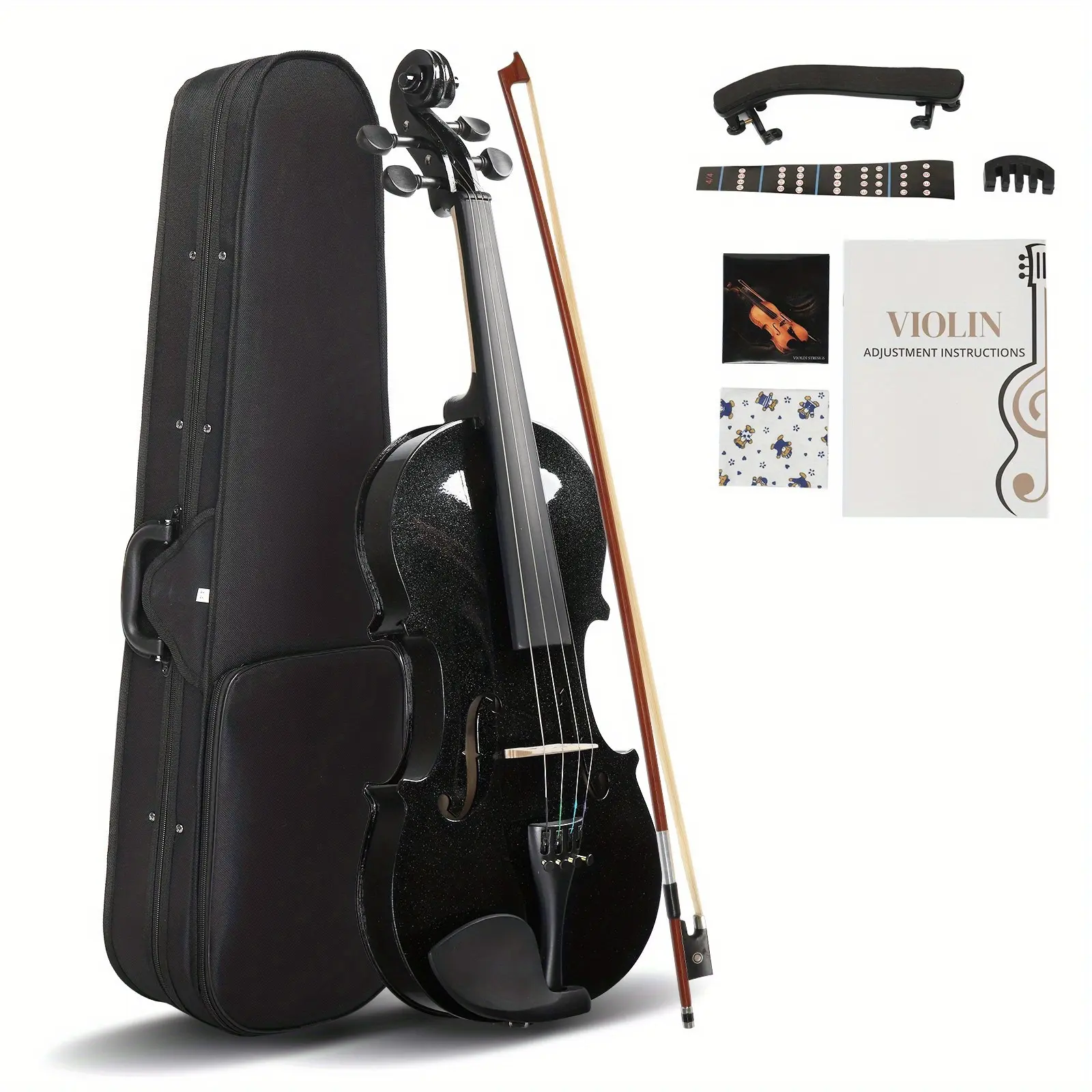 4/4 Full Size Basswood Violin Set for Adult Beginners - Includes Hard Case, Bow, Shoulder Rest, Set of Violin Strings, Mute, Fine Tuners | Student Musical Practice Instrument
