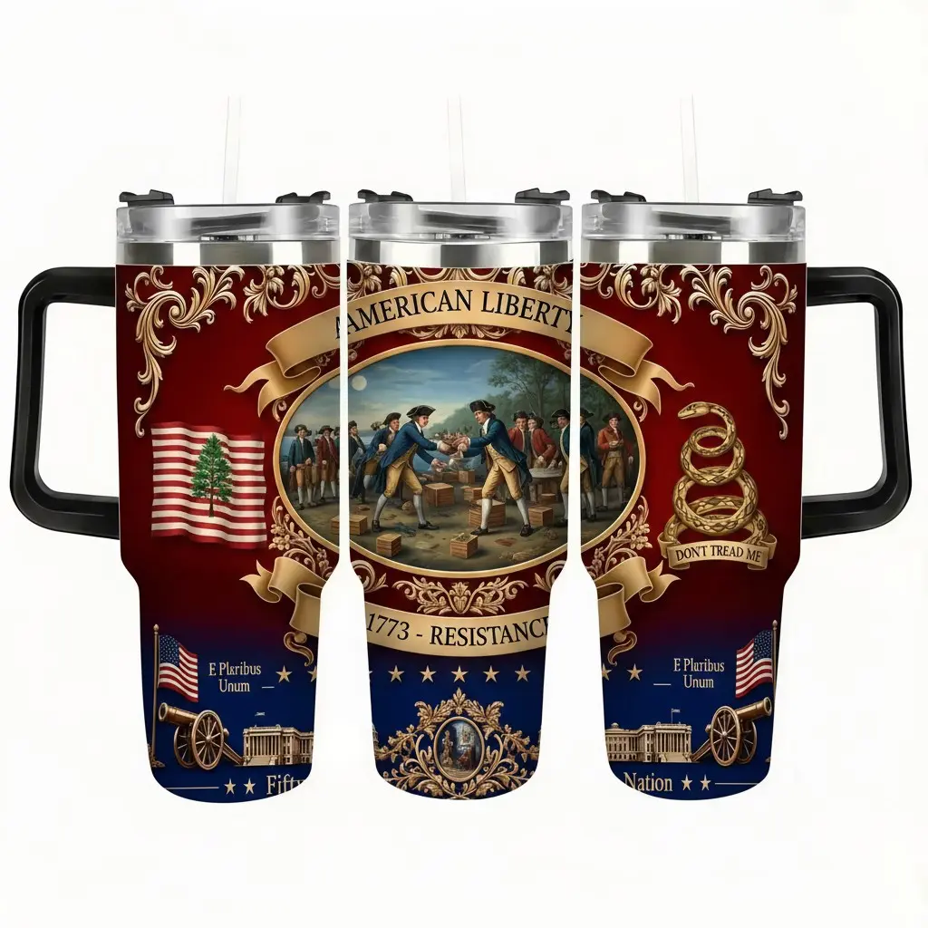 USA 250th Anniversary (1776-2026) Commemorative Tumbler with Dual Handles & Lid, 20oz/40oz Insulated Travel Mug featuring "American Liberty", "1773 Resistance" (Boston Tea Party tribute), "Don't Tread on Me" and intricate historic patriotic artwork.