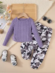 2-piece girls' knitwear set Spring/autumn fashion Solid-color bow-tie top Camouflage trousers Casual ribbed knit Round-neck pullover and cuffed trousers Suitable for outdoor wear Clothes Kids