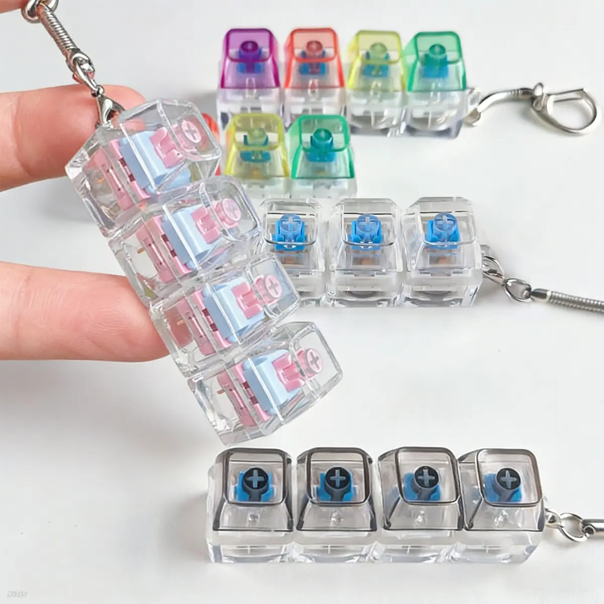 Mechanical Style Keyboard Fidget Clicker, 4PCS Clear Finger Button Toy with Keychain, Satisfying Stress Relief for ADHD & Autism, TikTok Trending Desk Toy Gift for All Ages