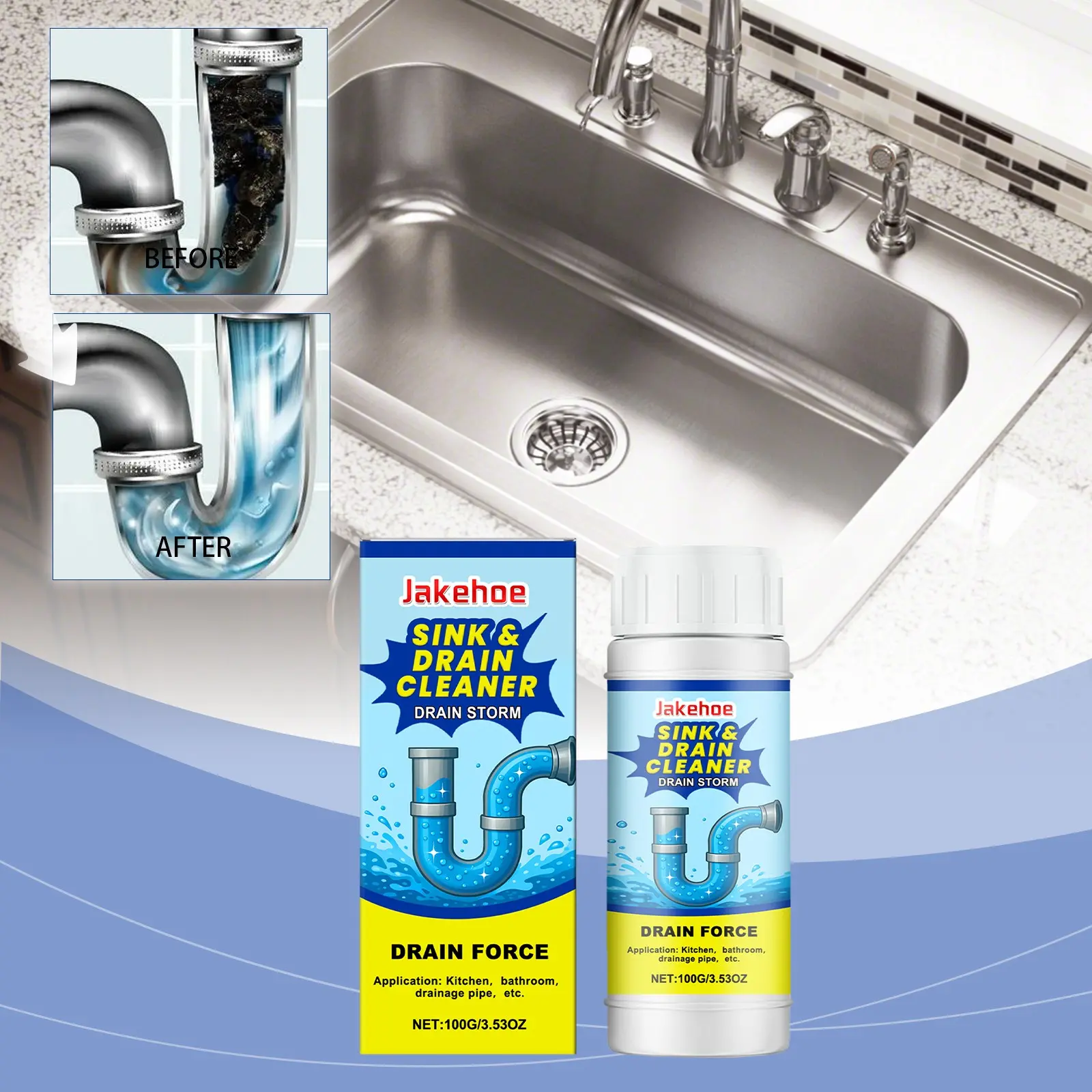 Drain Pipe Unclogging Agent, Effective Toilet & Kitchen Sink Unblocker, Removes Sewer Blockages & Odors, Easy-To-Use Cleaning Solution