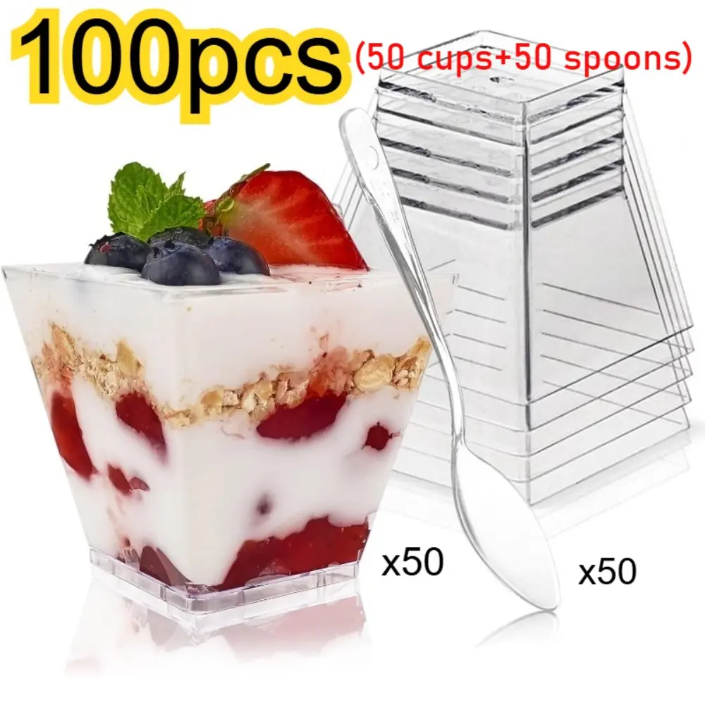 Square Dessert Cups (50 Cups + 50 Spoons) – Reusable Mini Puff Pastry Bowls with Spoons | Perfect for Sampling Parties, Tasting Events & Catering Home