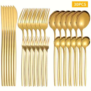 Stainless Steel Cutlery Set, 30pcs/set Including Fork & Knife & Spoon, Durable and Dishwasher Safe Tableware Set for Home Kitchen, Dinnerware Service Set