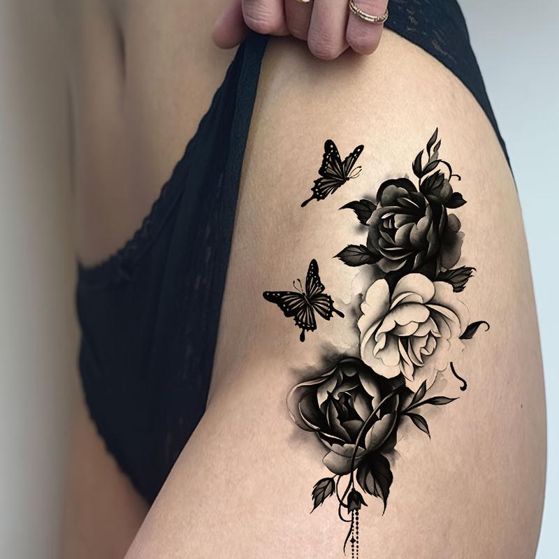 6 Temporary Stickers with 3 Items & 3 Random Designs Oblong-Shaped Black and White Rose Flower Double Flying Butterfly Pattern Design Waterproof Temporary Tattoo Sticker With