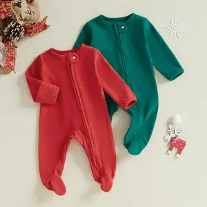 Newborn Baby Girl Boy Christmas Outfit Zipper Footed Romper Onesie Ribbed Ruffle  Footie Jumpsuit Winter Clothes