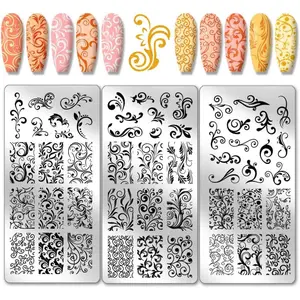 3pcs Swirl Pattern Nail Art Templates, French Nail Stamping Plate 52 Patterns Plant Floral Nail Art Stencils Stainless Steel Stamping Plates for Nail Design Print Manicure Salon Spring